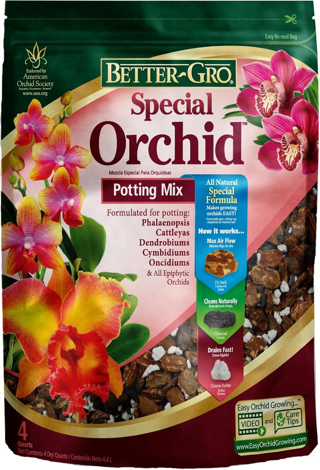Better-Gro Special Orchid Mix - Premium Grade Orchid Bark Potting Mix for Potting, Repotting, Enhanced Drainage, Air Flow & Root Ventilation, Ideal for Phalaenopsis, Cattleyas, Dendrobiums - 4 Quarts