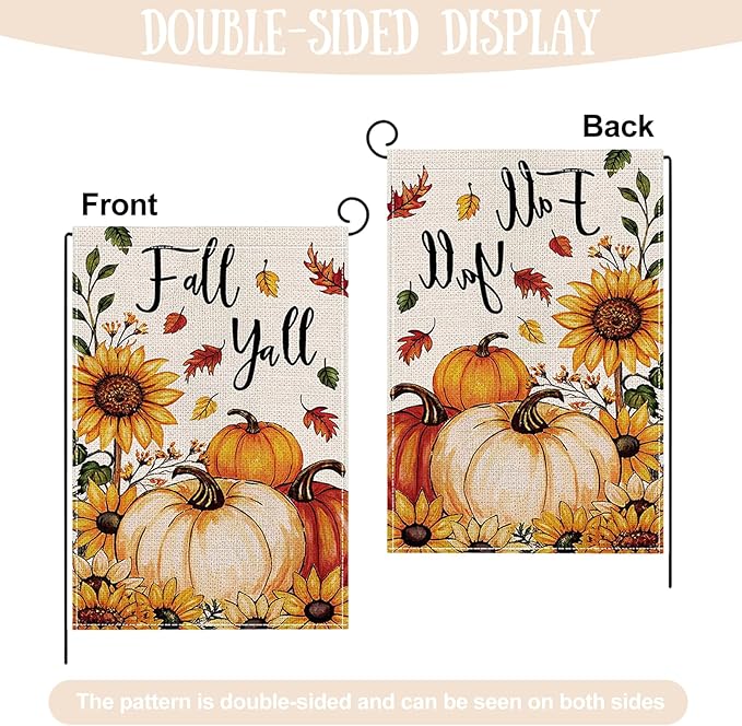 Fall Garden Flag 12 x 18 Inch Double Sided Pumpkin Sunflower Maple Leaves Designs Autumn Burlap Yard Flag for Outside Rustic Yard Outdoor Holiday Home Decoration