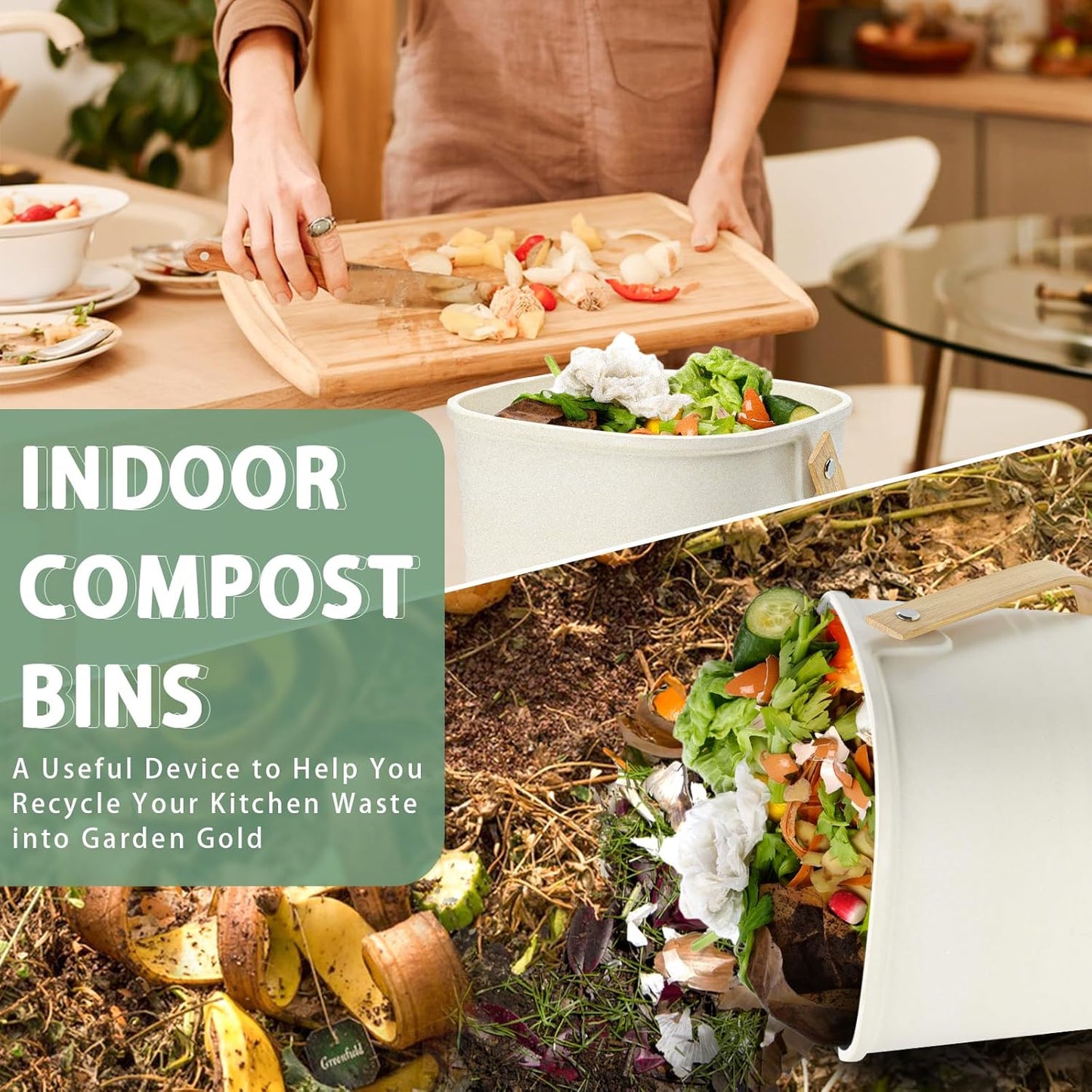 Vipush Bamboo Fiber Compost Bin with Lid Small Countertop Compost Bin Includes Charcoal Filter, Beige