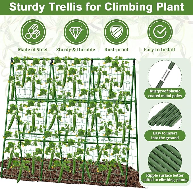 Cucumber Trellis for Garden, 50 x 54 Inches A Frame Gardening Trellis with Fabric Raised Garden Bed, Climbing Net and Plant Support Clips for Climbing Plants