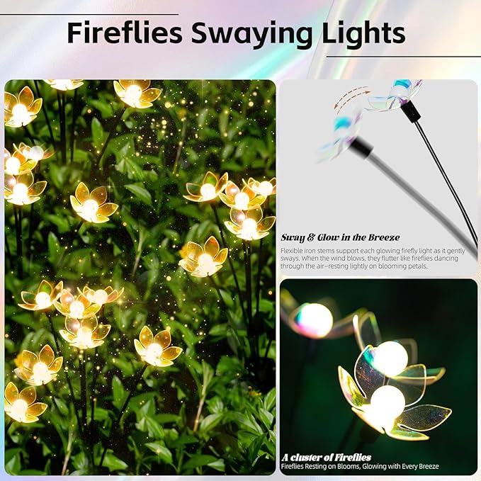 Solar Lights Outdoor, Solar Firefly Swaying Light with Flower, Garden Decor Lights, IP65 Waterproof, 2 Lighting Modes, Yard Patio Pathway Decoration, Gifts for Women, Grandma (4Pack 24LED)
