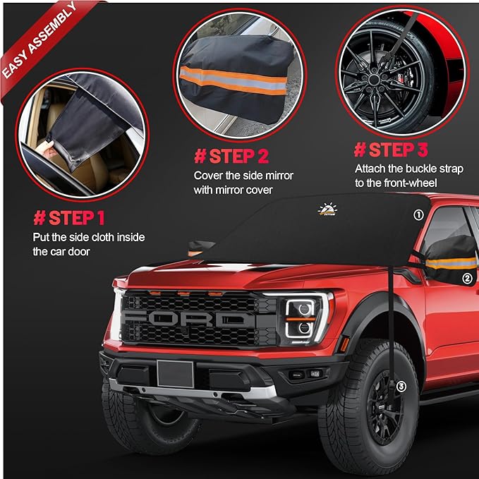 Zettum Car Windshield with Tow Mirror Cover - 600D Windshield Cover for Ice and Snow Windproof & Heavy Duty, Winter Frost Hail Protector for Pickup, Truck, SUV, Van and MPV with Large Mirror Models