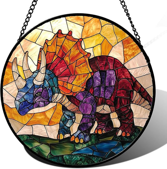 Stained Glass Window Hanging - Triceratops Abstract Dinosaur Suncatcher for Door Terrace Garden Home Decor, Orange Red Sun Catcher Birthday Gifts for Lovers Women Men Dad Mom Nana 6.3 in