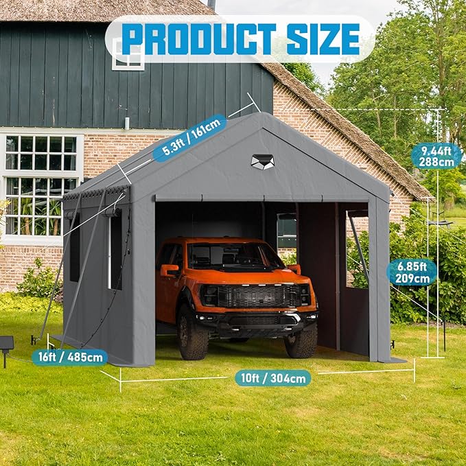 10x16 Carport, Heavy Duty Carport Canopy Garage with Removable Sidewalls and Drive Through Roll Up Zipper Doors, Grey