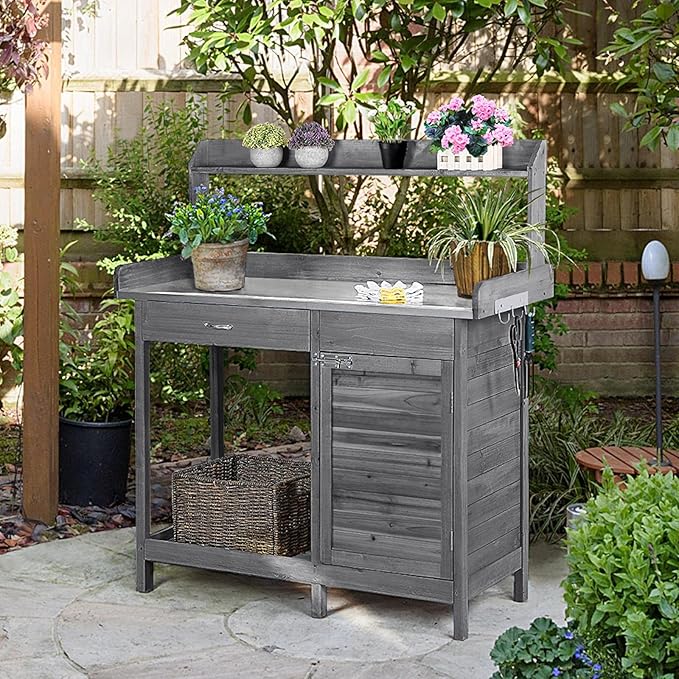 Yaheetech Outdoor Potting Bench Table, Garden Workstation w/Metal Tabletop/Cabinet Drawer/Open Top/Lower Shelf/Handy Hooks for Horticulture,Gray