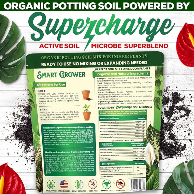 Organic Potting Soil for Indoor Plants. Boost House Plant Growth for Monstera, Fiddle Leaf, Money Tree, Pothos, Snake Plant, Aroid, Flowers, Herbs, Veggies, & More, Smart Grower 3 LB Ready to Plant