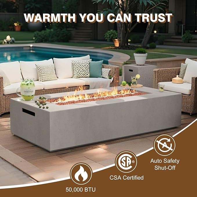 2-Piece Outdoor Propane Fire Pit Table Set – Premium Marble-Like MgO Finish, 56-Inch Gas Fire Table with Tank Table for Patio, Garden & Backyard, Includes Rain Cover & Lava Rocks