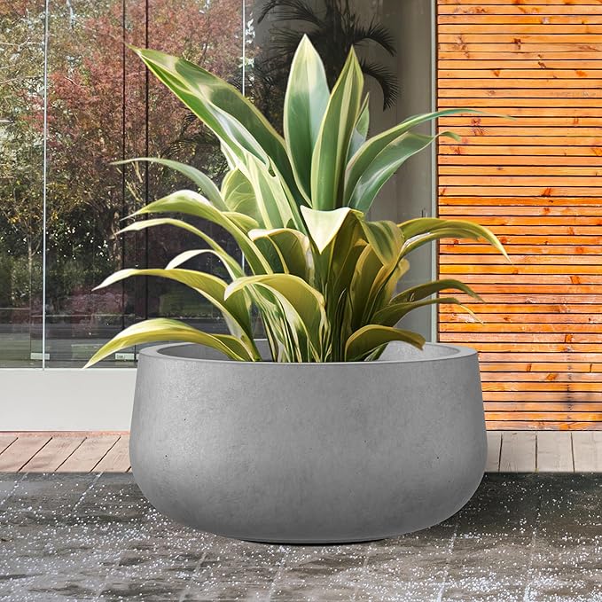 Kante 19.6" Dia Round Concrete Planter, Cement Plant Pots with Drainage Hole and Rubber Plug for Outdoor Indoor Garden Home, Modern Curvaceous Design, Natural Concrete