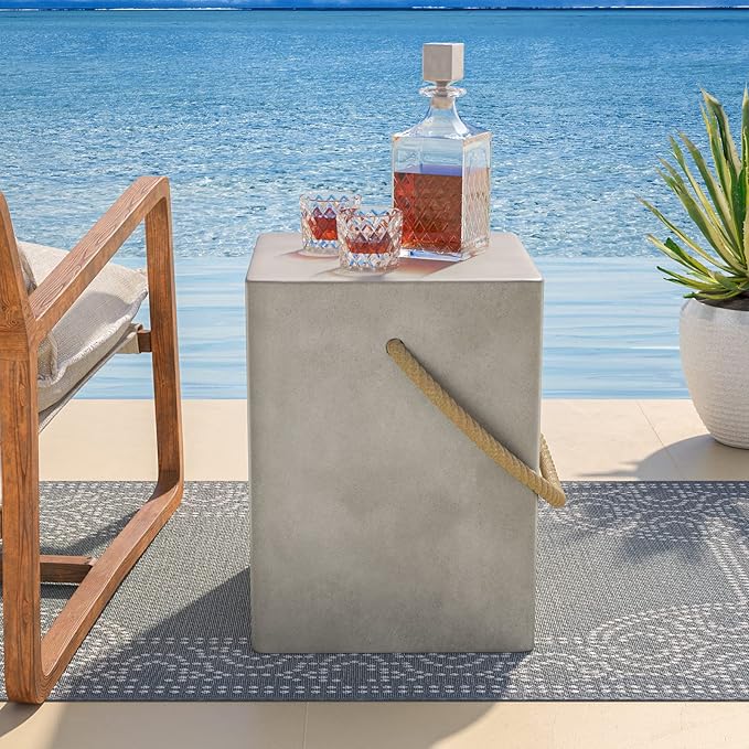 COSIEST Concrete Side Table, Rectangular Outdoor Side Table w Hemp Rope Handles,15''Patio Side Tables End Table, Outdoor Accent Coffe Table for Garden and Patio, Grey