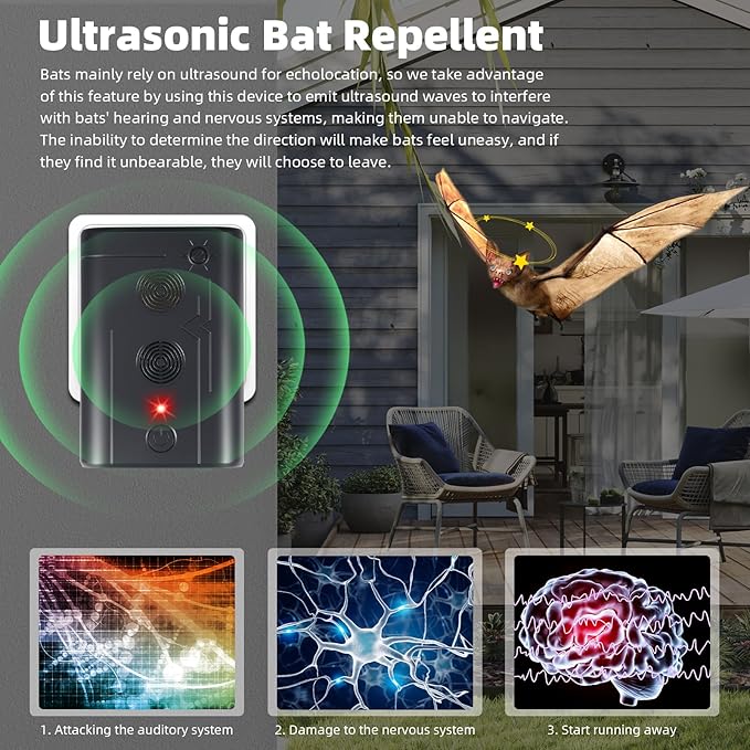 2025 Upgraded Ultrasonic Bat Repellent Devices for Attic Porch House, Adjustable Plug in Bat Exclusion Device for Indoor Use, Friendly to Human and Pet(2Pack)