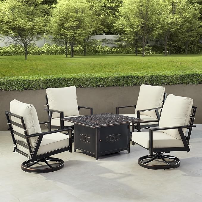 Oakland Living Black Aluminum Patio Fire Table Set with Four Club Chairs with Light Grey Cushions