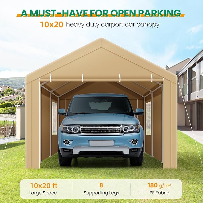 COBIZI Carports 10x20 Heavy Duty Car Canopy Garage with Removable Sidewalls & Doors, Galvanized Frame Portable Carport Canopy with Built-in Sandbags & All-Season Tarp for Car Boat Truck, Khaki