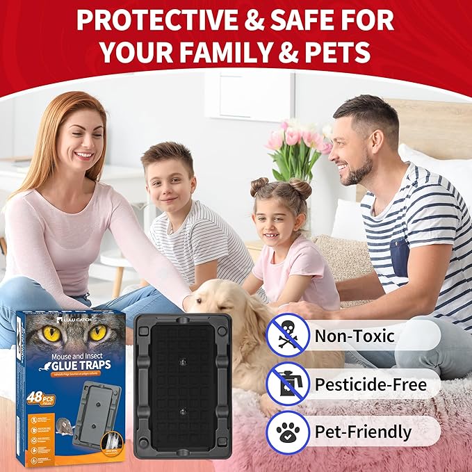 LULUCATCH Mouse & Insect Glue Traps, 48 Pack Adhesive Glue Traps, Pre-Baited Heavy Duty Non-Toxic Bulk Mouse Traps Indoor for Small Mice, Insects, Rodent, Bug, Easy to Use Pet Safe