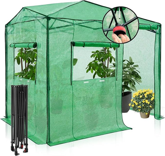 EAGLE PEAK Instant Pop-up Greenhouse, Indoor Outdoor Plant Gardening Green House, Roll-Up Zipper Doors and Side Windows, Walk in 8x6 ft, Green/Clear