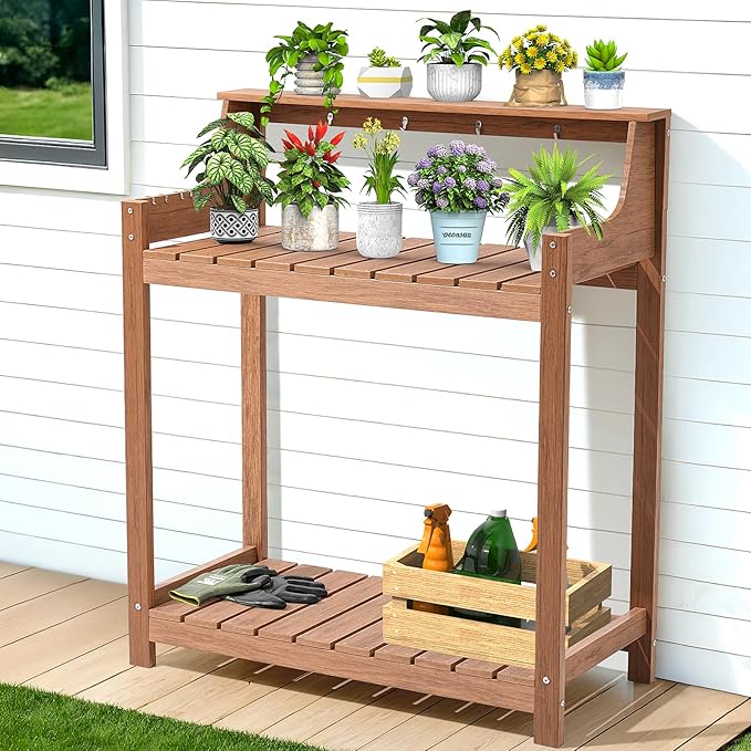 HDPS Potting Bench, All Weather Potting Table with 33.18" Highten Tabletop and 8 Hooks, Easy Assembly Garden Work Bench, Outdoor Potting Benches for Outside Patio Lawn, 360LBS Capacity, Teak