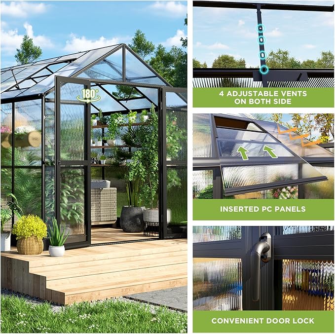 HOWE 8x12x7.5 FT Polycarbonate Greenhouse Double Swing Doors 4 Vents 5.2FT Added Wall Height, Walk-in Large Aluminum Greenhouse Sunroom Winter Greenhouse for Outdoors, Black