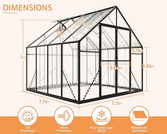Jocisland 8x8x7 FT Polycarbonate Greenhouse for Outdoors with 2 Windows, Dual Swing Doors, Aluminum Walk-in Frame, Heavy Duty Garden Greenhouse for Backyard, Black
