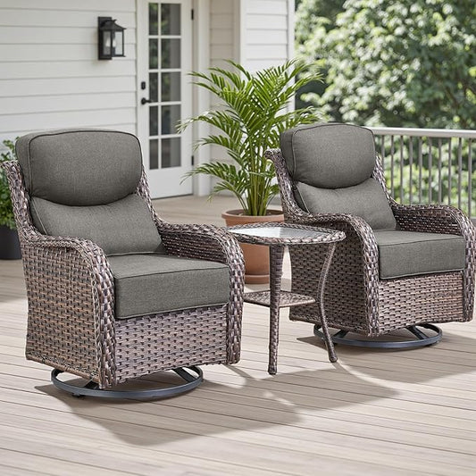 Outdoor Patio Swivel Rocker Chairs Set of 2, Waterproof Wicker, High Back, Deep Seating, Wide Armrest, Upgraded 6 inch Thick Cushions, Side Table, Ideal for Deck Porch Yard, Brown-Grey