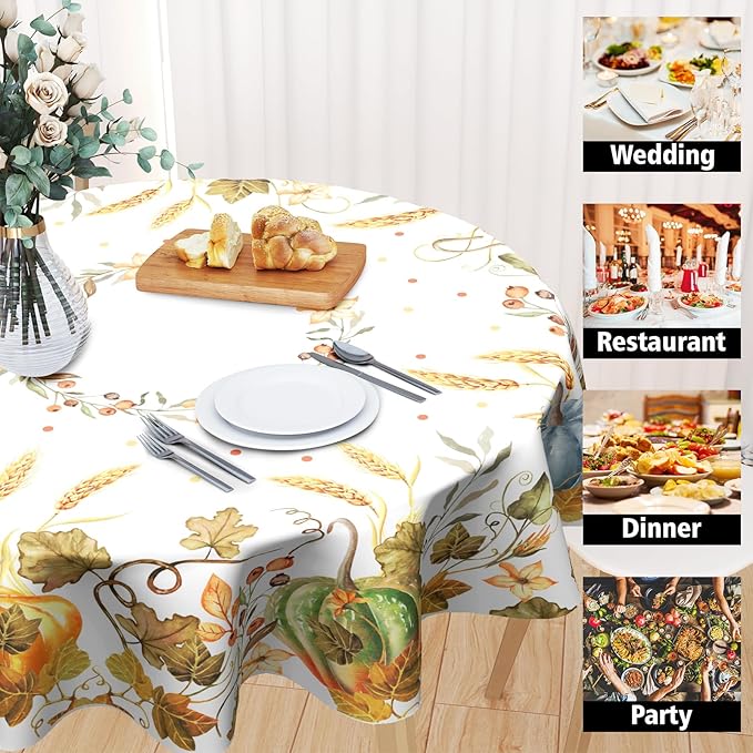 Giwawa Fall Round Tablecloth, Harvest Table Cloth 60 inch, Halloween Table Cover for Fall Picnic and Thanksgiving Party, Maple Leaves and Pumpkin Decorations