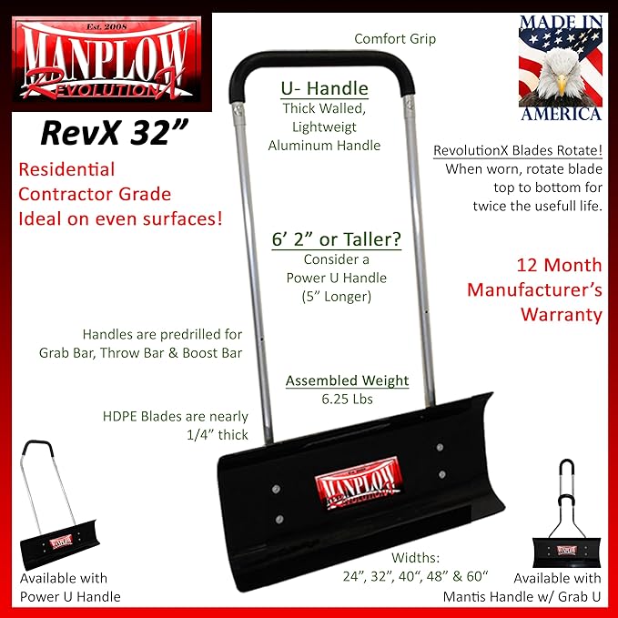 MANPLOW RevolutionX Snow Pusher with U Handle (32 Inch)