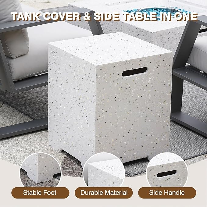 3-Piece Outdoor Propane Fire Pit Table Set – Premium Terrazzo-Like MgO Finish, 56-Inch Gas Fire Table with Tank Table & Glass Wind Guard for Patio, Garden & Backyard, Includes Rain Cover & Glass Beads