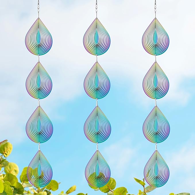 Rainbow Metal Wind Spinners Outdoor Garden Yard Decor, Bird Scare Discs Reflectors to Keep Birds Away, Holographic Reflective Bird Devices Deterrents for Outside Patio Fruit Trees (Water Droplet)