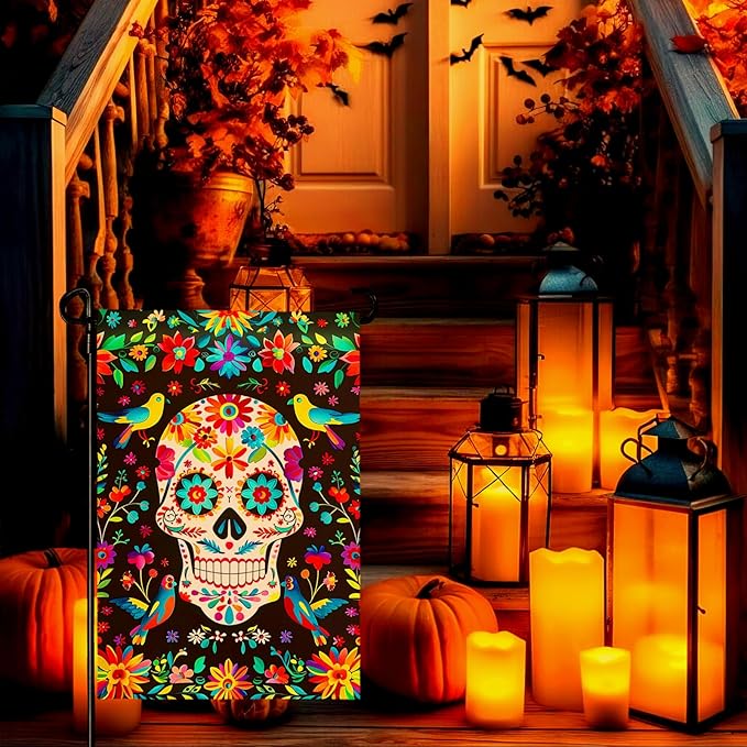 Day of the Dead Garden Flag Skull Welcome Floral Yard Flag Mexican Gothic Skeleton Flowers Birds Double-Sided Garden Flags Fiesta Dia DE Los Muertos Burlap House Banner 12x18 Inch