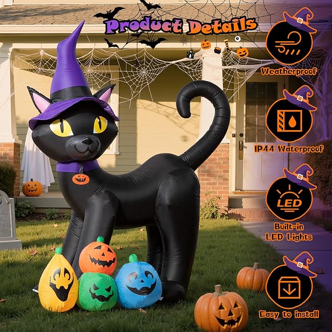 6FT Halloween Inflatable Black Cat with Witch Hat and 4 Colorful Pumpkins, Cute Blow Up Yard Decoration with LED Lights for Lawn, Garden, Balcony, Outdoor Holiday Party Events