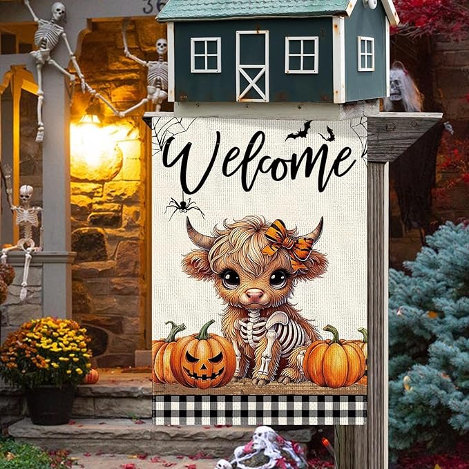 DLZDN Welcome Halloween Highland Cow Garden Flag Skeleton Pumpkins Flag Burlap Farmhouse Yard Sign Holiday Seasonal Outdoor House Decoration