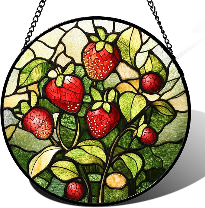 Stained Glass Window Hanging - Red Strawberry Suncatcher for Doors Window Home Green Plant Sun Catchers Decor Christmas Mother's Day Birthday Gifts for Teacher Women Men Mom Nana 9.8 in