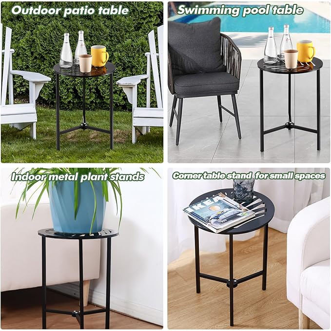 1 Packs 13" Metal Outdoor Side Tables Small Black Outside End Table for Patio Round Accent Corner Stand for Small Spaces Weather-Resistant Coffee Table for Balcony Porch Plant Stand, Leaf