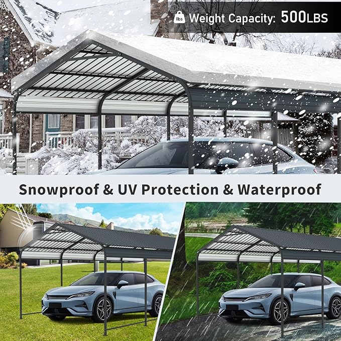12x21 FT Metal Carport, Heavy Duty Car Port Canopy with Galvanized Steel Roof & Frame, Large Metal Carport Kit, Outdoor Car Garage, Steel Car Shelter for Car, Boat, Truck, Charcoal