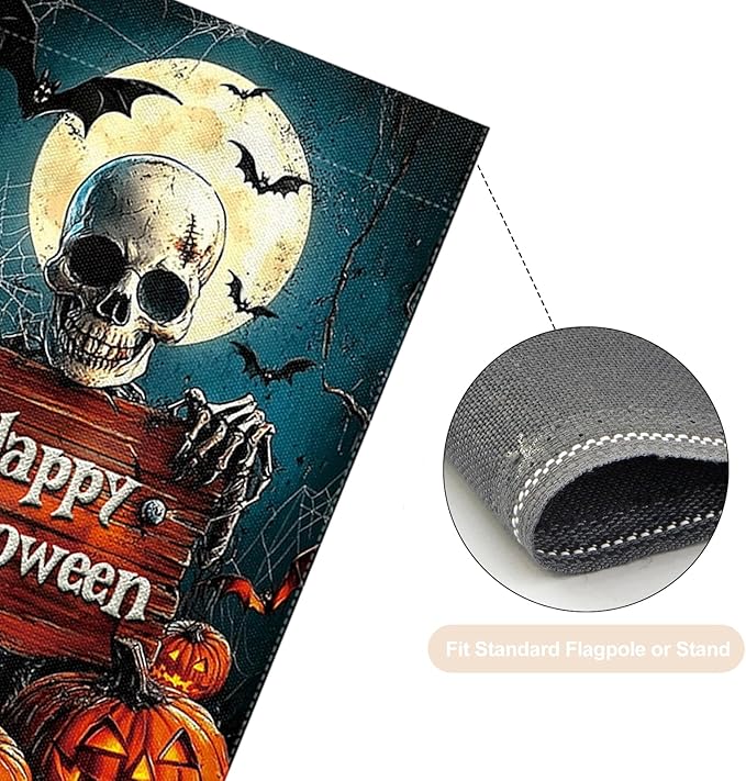 Halloween Garden Flag 12 x 18 Inch Double Sided Skeleton Pumpkin Designs Happy Halloween Fall Autumn Burlap Yard Flag for Outside Rustic Yard Outdoor Holiday Home Decoration