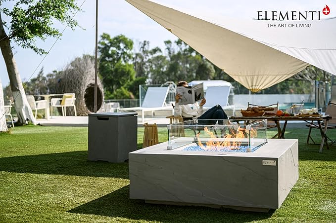 Elementi+ | Bundle Capertee Gas Fire Pit Cast Concrete 40" Square Fire Table, Outdoor Fire Pit Electronic Ignition | Canvas Cover, Fire Glass and Burner Lid Included | Light Gray | Natural Gas