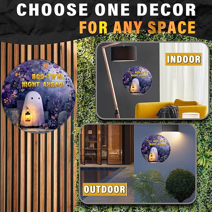 PEACHGARDEN Vintage Bootiful Night Ahead Ghost Metal Tin Sign Halloween Decor Gothic Wall Art Retro Plaque Spooky Home Kitchen Decor 8x8inch