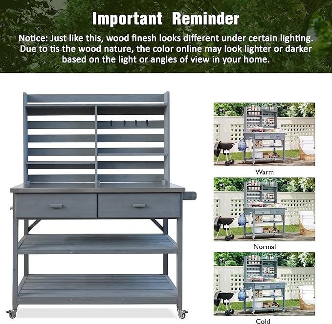 Polibi 64.9"H Outdoor Potting Bench Table with Lockable Wheels,Solid Fir Wood Outdoor Kitchen Island with Upper Hutch,Stainless Steel Top,Towel Rack,Outdoor Storage for Grilling,Lawn Garden(Grey Blue)