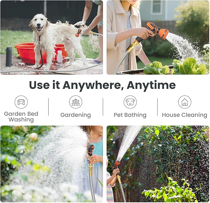 Giraffe Tools Garden Hose 50ft x 5/8", 304 Stainless Steel Metal Water Hose, No Kink Garden Water Hose with 9 Pattern Spray Nozzle, Flexible, Lightweight, Kink Free Hose for Yard, Outdoor