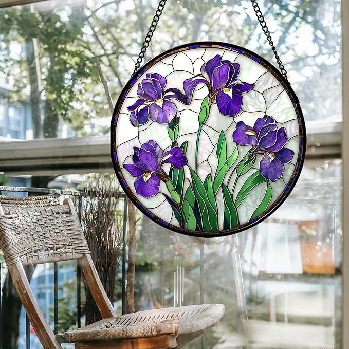 Stained Glass Window Hanging - Purple Iris Flower Sun Catcher for Door Terrace Garden Home Decor, Green Plants Suncatcher Birthday Gifts for Lovers Women Men Dad Mom Nana 11.8 in