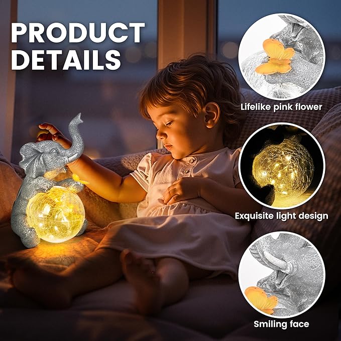 Solar Garden Outdoor Statues for Women, Mom, Grandma. Glass Globe Elephant Figurine Housewarming and Birthday Gifts Elephant Statue Decor for Backyard, Patio, Balcony, Lawn, Pond
