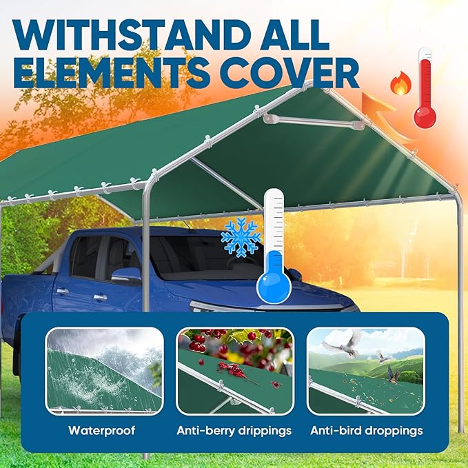 Quictent 10x20 ft Heavy Duty Carport Canopy Galvanized Car Tent Outdoor Garage Boat Shelter with Reinforced Structure, No Sidewall - Green