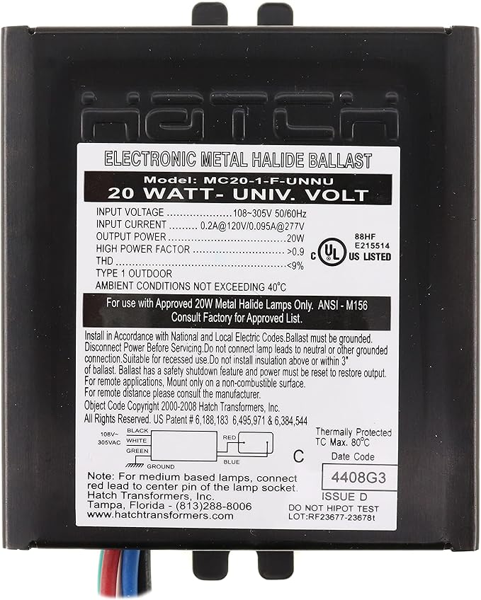 Hatch MC20-1-F-UNNU Electronic Metal Halide Ballast, MH M156, 20W, 108-305VAC