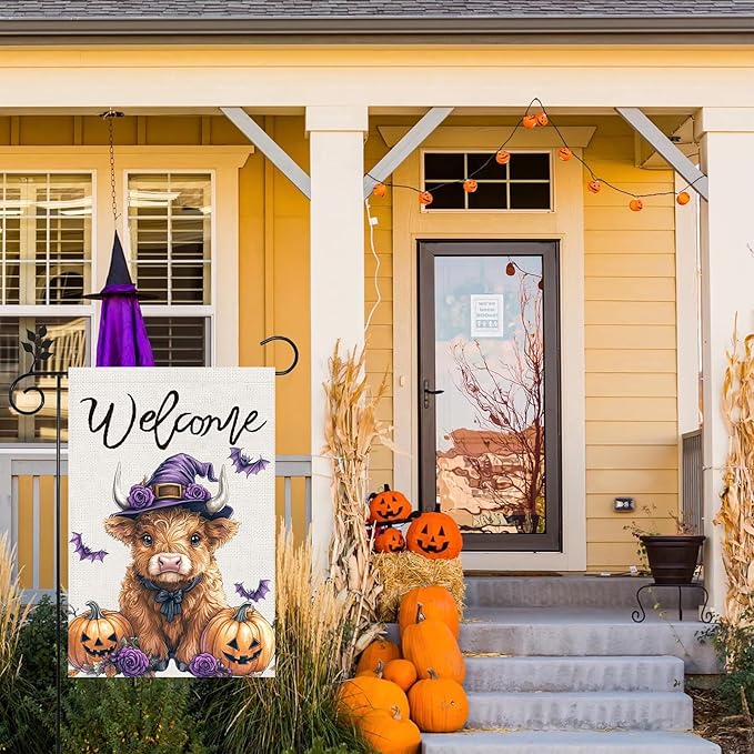 Halloween Highland Cow Garden Flags 12x18 Vertical Double Sided, Welcome Halloween Yard Flag for Outside, Holiday Seasonal Outdoor Decorations for Home