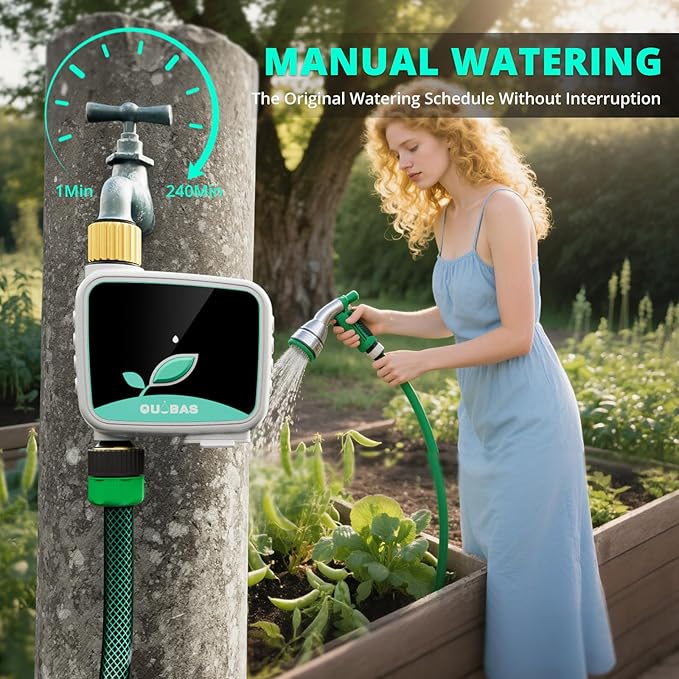 QUOBAS WiFi Sprinkler Timer with Brass Inlet & Outlet, Smart Water Timer for Garden Hose with APP Remote Control, Manual Watering, Rain Delay Watering, for Lawn, Garden