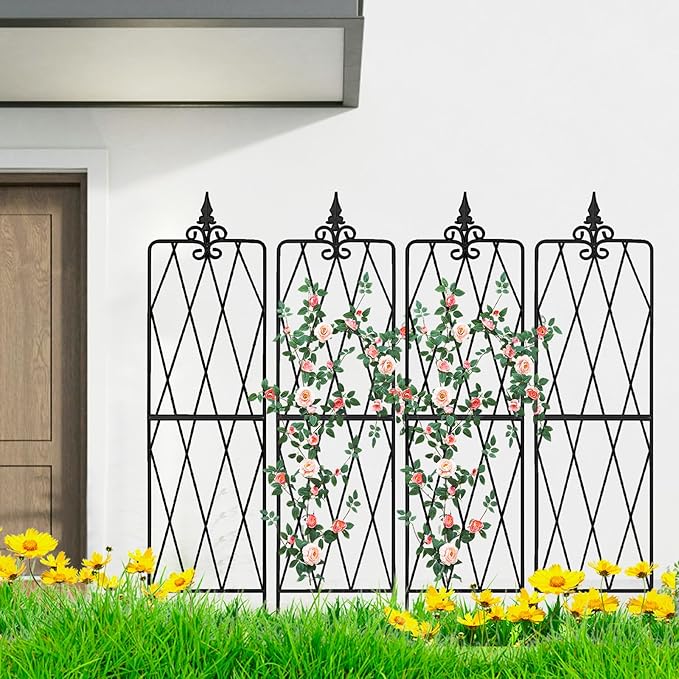 Garden Trellis for Climbing Plants Outdoor, Metal Garden Trellises, Decorative Garden Fencing Flower Trellis with Durable Powder Coating for Vines Plant Rose, Vegetable Support, Black (4, Pattern-A)