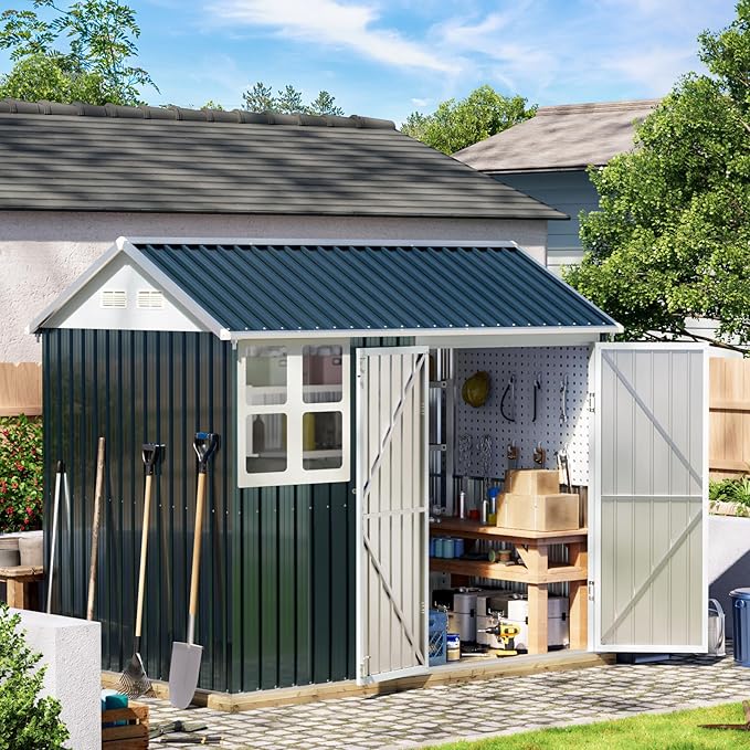 8X6FT Outdoor Steel Storage Shed with Lockable Doors, Frame Floor (No Wood/Other Boards),One Window,Ideal for Garden, Backyard, Patio Storage