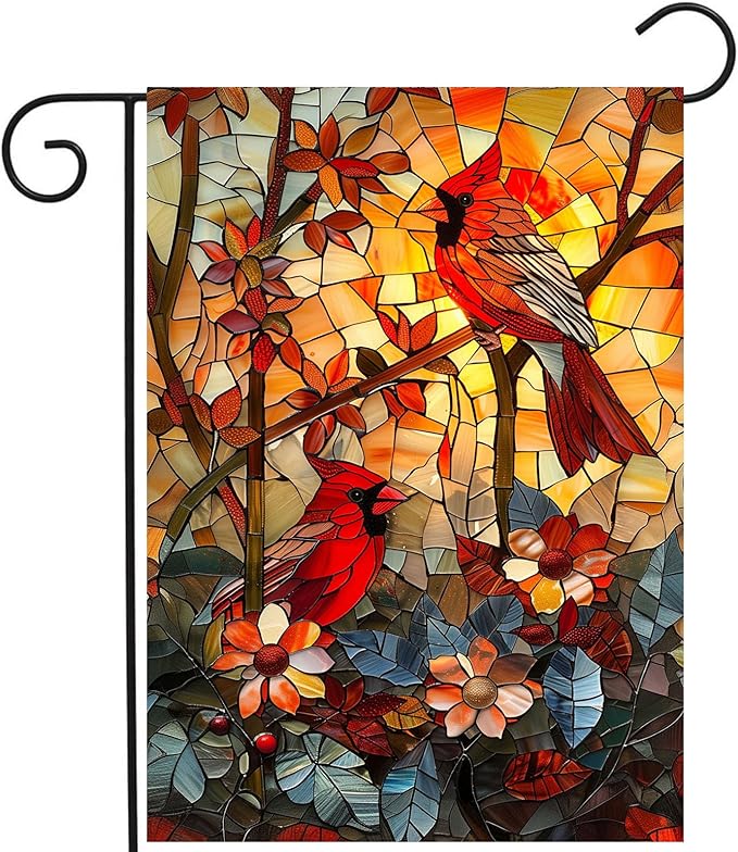 Stained Glass Cardinal Red Birds Garden Flag Spring Summer Yard Flag Fall Floral Decorative Flags for Outside 12x18 Double Sided Small Seasonal Lawn Flags Rustic Outdoor Decor