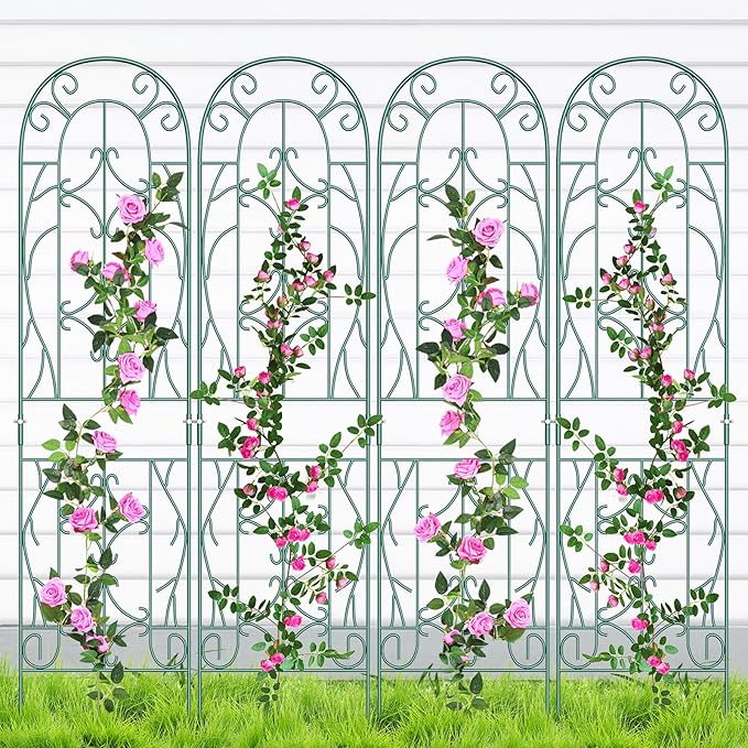 SUNYRISY 4Pack Metal Garden Trellis for Climbing Plants Outdoor, Metal Plant Trellis for Flowers Tomato Cucumber Rose Vegetable Support Garden Decoration, Green