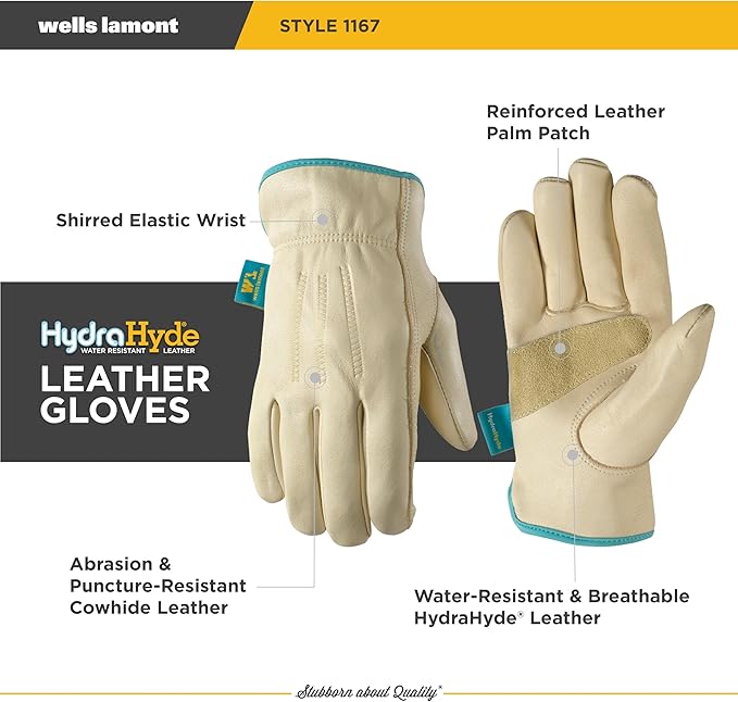 Wells Lamont Women's Water-Resistant Leather Work Gloves | Puncture Resistant, Reinforced, HydraHyde | Medium (1167M), Tan