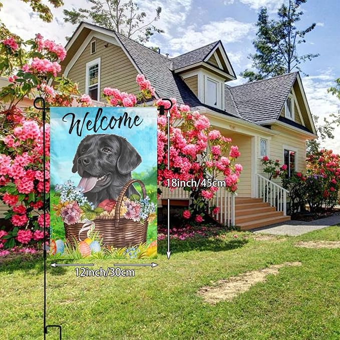 Labrador Dog Lab Happy Easter Black Flower Egg Garden Flag Welcome Party Outdoor Outside Decorations Picks Home House Garden Yard Decor 12x18 Inch