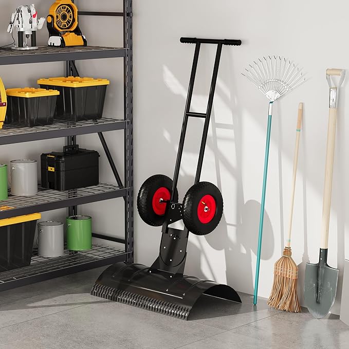 Large 40" W x 18" H Heavy Duty Snow Shovel with Wheels, Carbon Steel Blade w/Adjustable Angle & Height Ergonomic Handle for Easy Driveway & Pavement Clearing